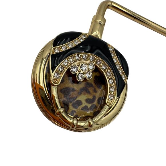 Purse Hanger Black Leopard Print Rhinestones Handbag Hook Portable Brass - Picture 3 of 8